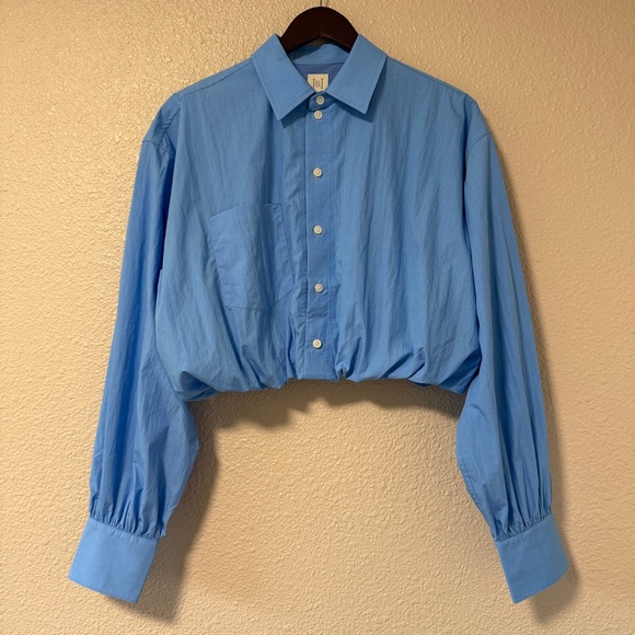 NWOT Helsa Bubble Shirt Blue Cropped Poplin Top Summer S Holiday Chic Cute Top - Picture 3 of 7